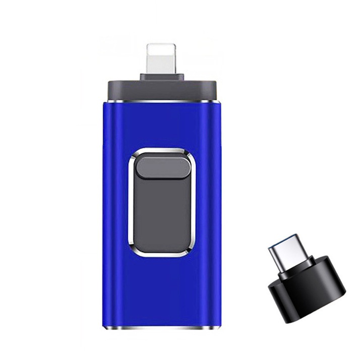 KINSI USB памет, 64GB, 4 в 1, Type C/USB 3.0/Lightning/Android, OTG съвместимост, Син