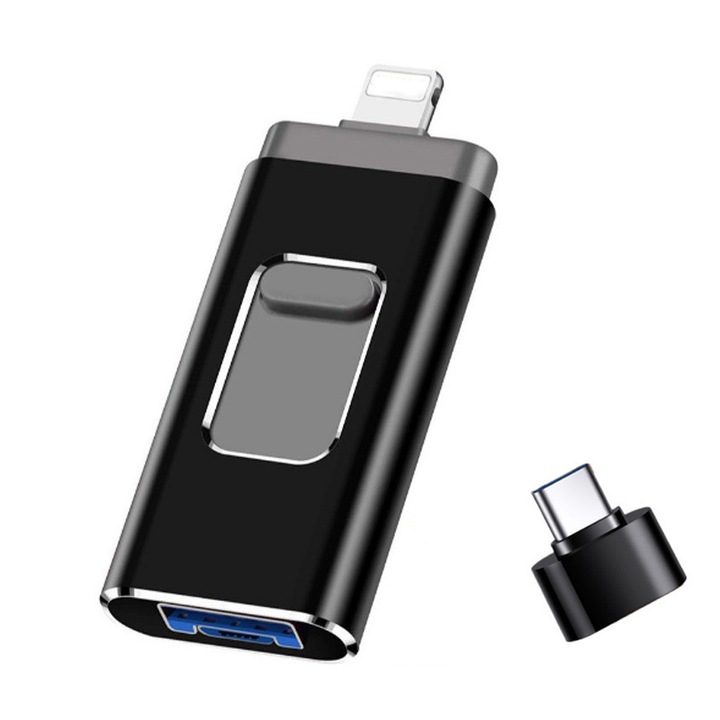 KINSI USB памет, 128GB, 4 в 1, Type C/USB 3.0/Lightning/Android, OTG съвместимост, Черен
