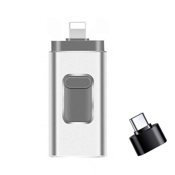 KINSI USB memóriakártya, 128 GB, 4 az 1-ben, C típusú/USB 3.0/Lightning/Android, OTG kompatibilitás, ezüst
