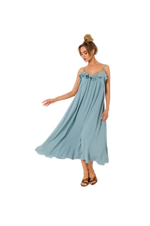 Rochie midi evazata cu bretele subtiri si volane, MOE, Зелен