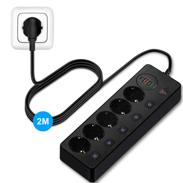 Prelungitor smart, Xinxu, 5 prize, 2 porturi USB, 2 porturi Type-C, 5V 3.4A, protectie supratensiune, intrerupator, cordon 2m, Negru