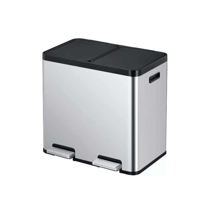 Cos de gunoi cu pedala EKO, Essential, capacitate 2 x 22 litri, 2 compartimente, potrivit pentru colectare selectiva, deschidere/inchidere silentioasa a capacului, suport pentru fixarea sacului, corp din otel inoxidabil, rezistent la amprente, inox