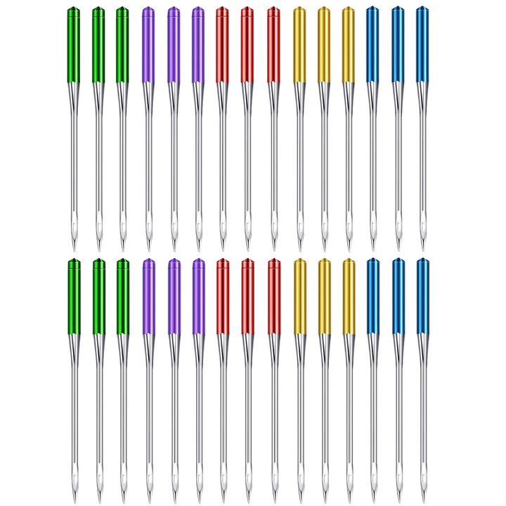 Комплект от 30 игли за шевна машина, Axroad Mall, 5 размера 65/9, 75/11, 90/14, 100/16, 110/18, За дънки, трико, кожа, памук, копринени тъкани, Не се деформират лесно, С отделни пластмасови, метални, многоцветни кутии