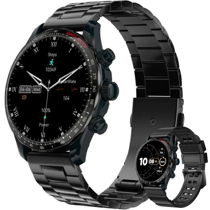 Evolve-x® EvoFitt KM68 okosóra, AMOLED képernyő, Bluetooth hívások és üzenetek, pulzusfigyelő funkciók, alvás, oxigénszint, feszültség és kalória, hangasszisztens, IP68, iOS/Android kompatibilis, fém és szilikon karkötő, fekete