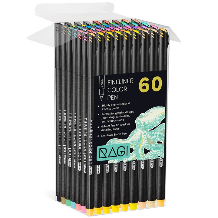Set 60 finelinere colorate RAGI, 0.4 mm, 60 culori