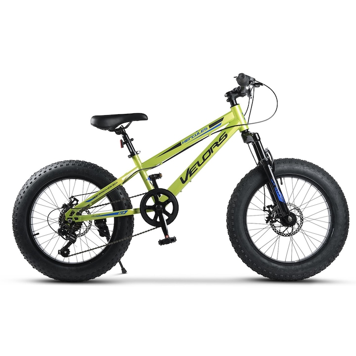 Детски MTB велосипед Fat Bike Hercules JSX20316A, Velours, 20 цола колело, предна/задна дискова спирачка, оборудване Shimano, 7 скорости, широка гума, зелено с черно