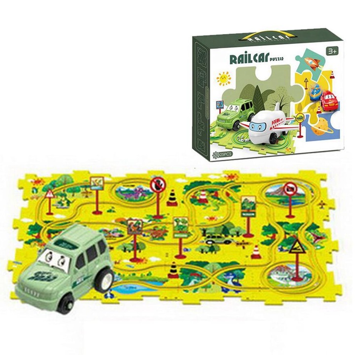 Set constructie puzzle circuit, tema dinozauri, jungla, masinuta jucarie, 12 bucati, mari dimensiuni, 50x26 cm
