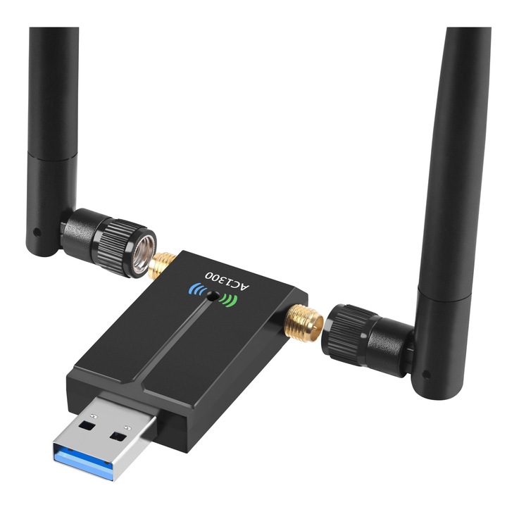 Adaptor Wireless EvoSmart™ P3, Dual-Band, 1300Mbps, WiFi Ethernet, USB 3.0, Retea 2.4G & 5G, Long Range, 2 Antene, Negru