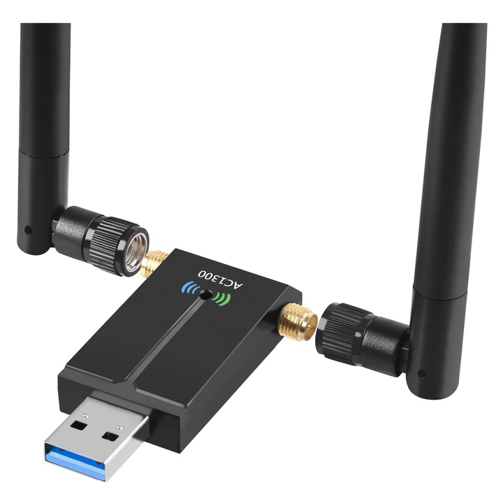 Adaptor Wireless EvoSmart™ P3, Dual-Band, 1300Mbps, WiFi Ethernet, USB 3.0, Retea 2.4G & 5G, Long Range, 2 Antene, Negru