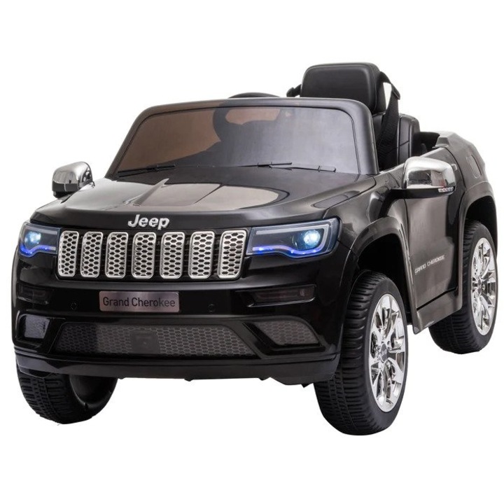Masinuta Electrica cu acumulator pentru copii NOVOKIDS™ Jeep Grand Cherokee, Roti din Cauciuc EVA, Max 30 kg, Usi cu deschidere, Baterie12V,2 Viteze, Lungime 114 cm, 2 motoare 390 W, Negru