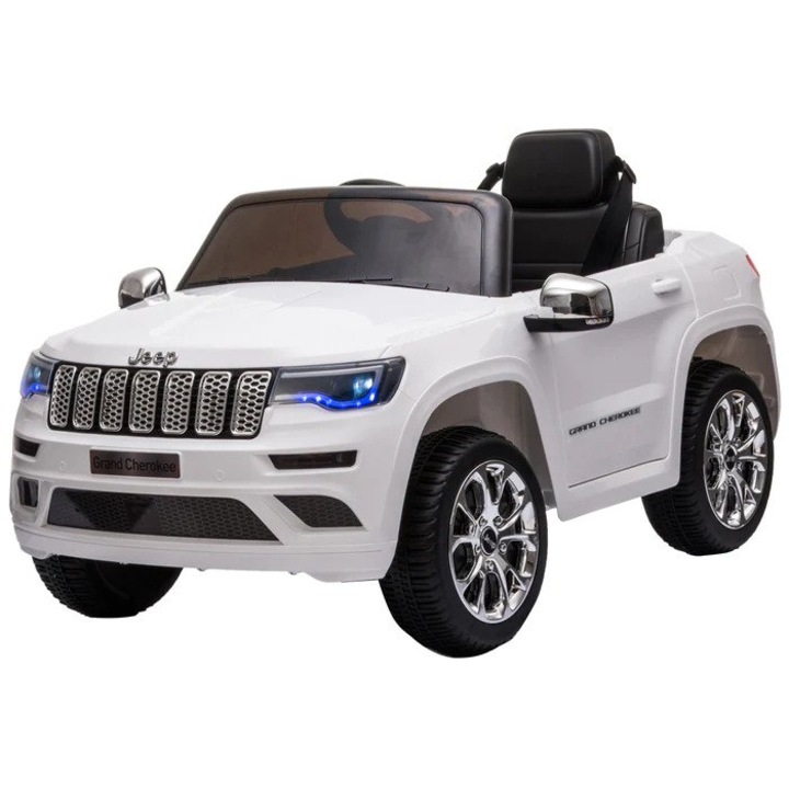Masinuta Electrica cu acumulator pentru copii NOVOKIDS™ Jeep Grand Cherokee, Roti din Cauciuc EVA, Max 30 kg, Usi cu deschidere, Baterie12V,2 Viteze, Lungime 114 cm, 2 motoare 390 W, Alb