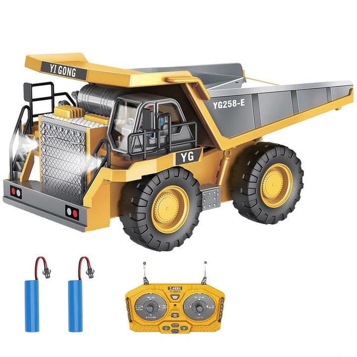 RC играчка самосвал, WALALLA, 9 канала, 2 батерии, със светлина и музика, Жълто/Черно