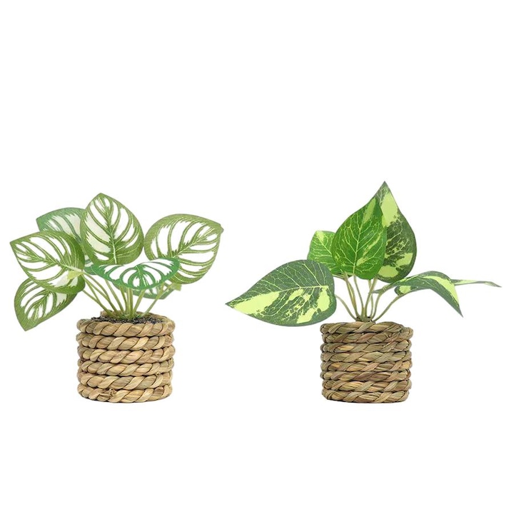 Set 2 plante artificiale, Ghiveci, Verde/Maro