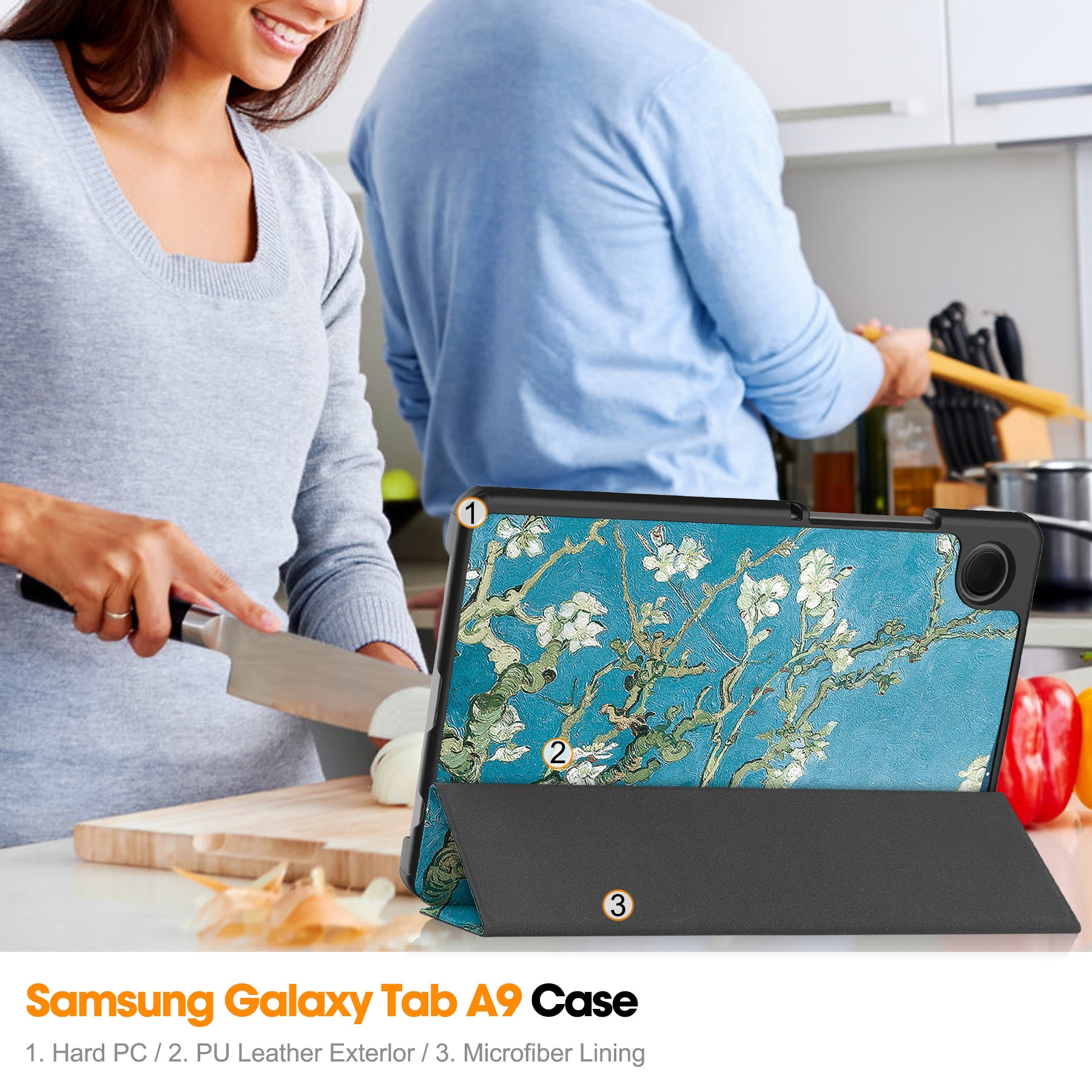 Husa protectie tableta, Piele ecologica, Compatibila cu Samsung Galaxy Tab A11 8.7" 2025 /Galaxy Tab A9 8.7" 2023, flori de cais