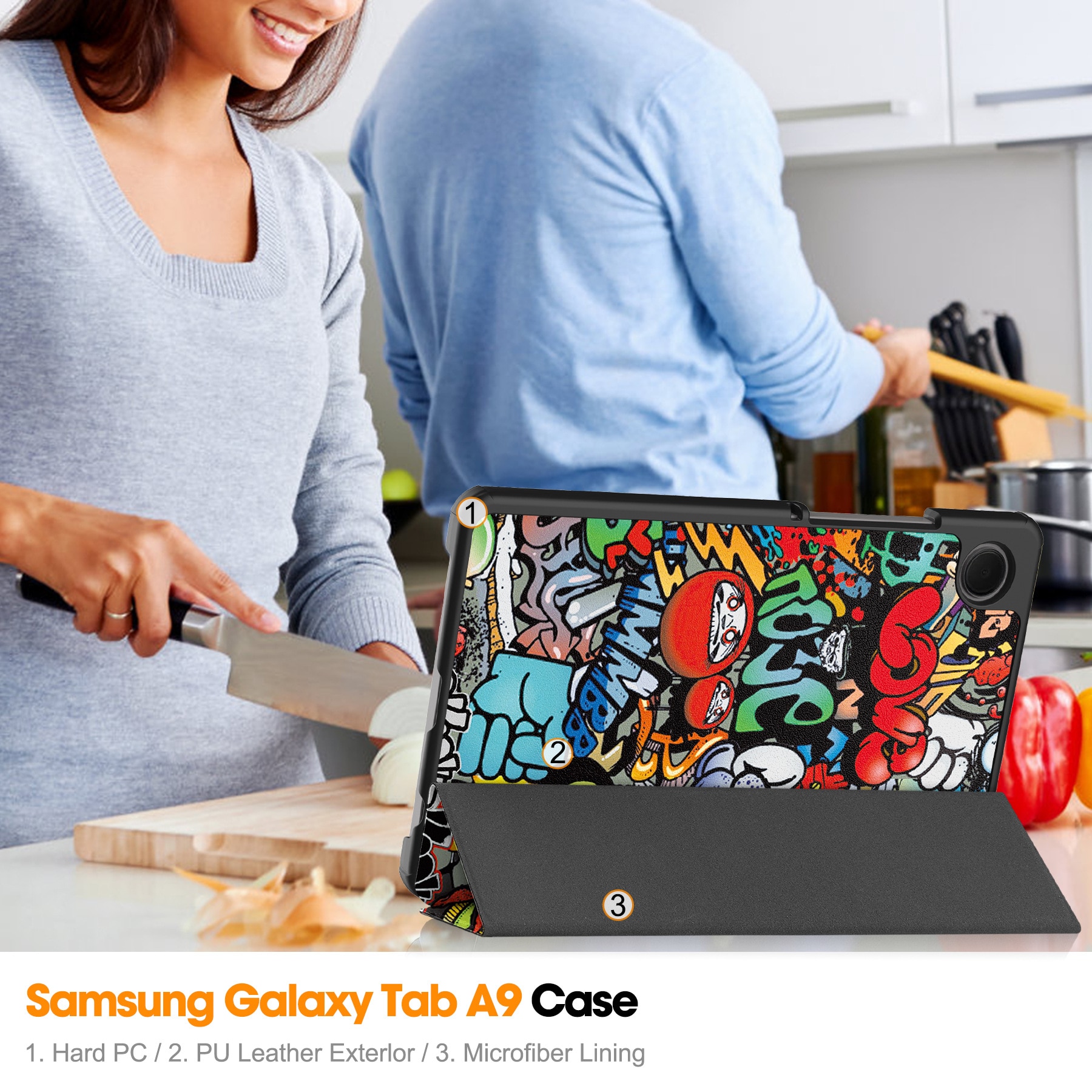 Husa protectie tableta, Piele ecologica, Compatibila cu Samsung Galaxy Tab A11 8.7" 2025 /Galaxy Tab A9 8.7" 2023, Graffiti