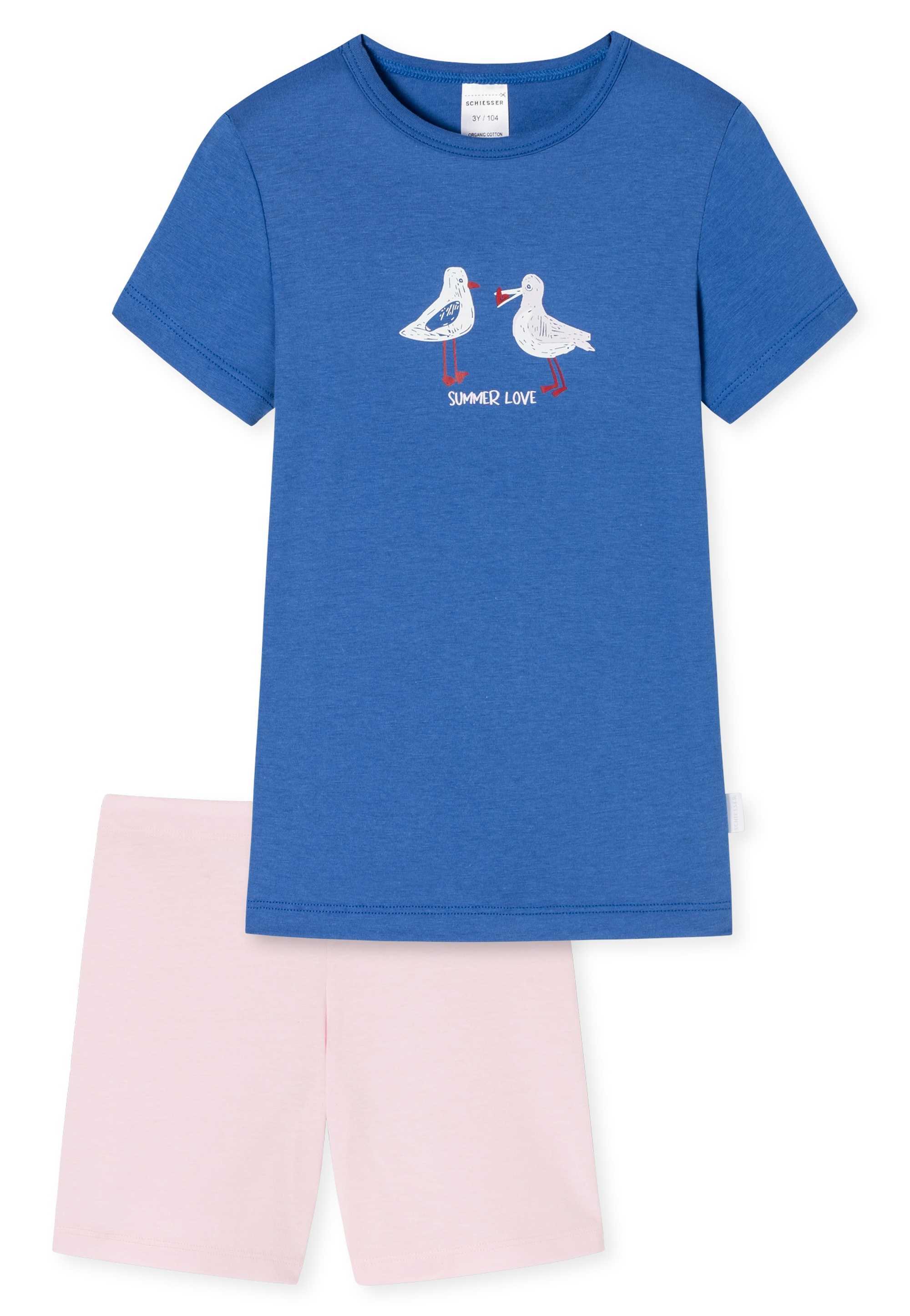 Schiesser, Pijama de bumbac cu imprimeu grafic, Roz pal, Albastru, 116 CM