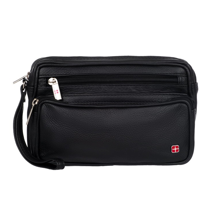 Férfi táska, Albatross, Természetes bőr, 2 rekeszes, 22 x 14 x 7 cm, Fekete