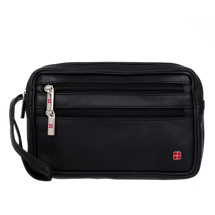 Férfi táska, Albatross, Természetes bőr, 2 rekeszes, 21 x 14 x 7 cm, Fekete