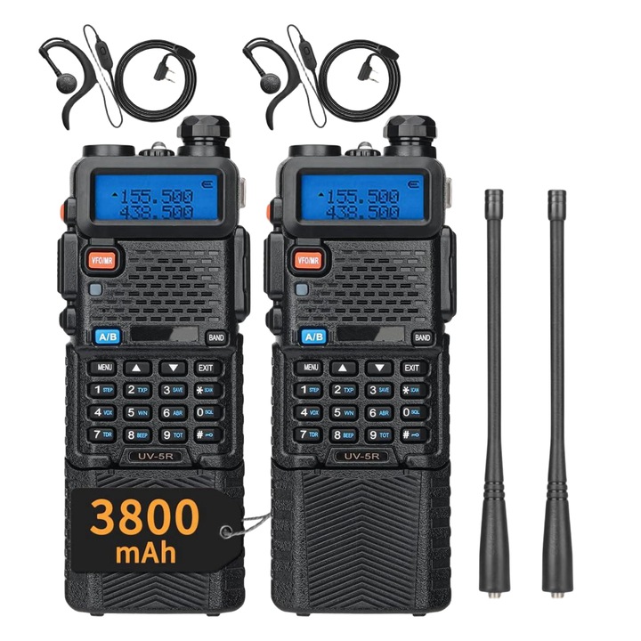 Комплект от 2 преносими радиостанции, MOSMAOO®, UV-5R, акумулаторна батерия 3800 MAH, двойна лента 136 - 174 MHz / 400-520 Mhz, 128 канала, PMR програмируема, черна