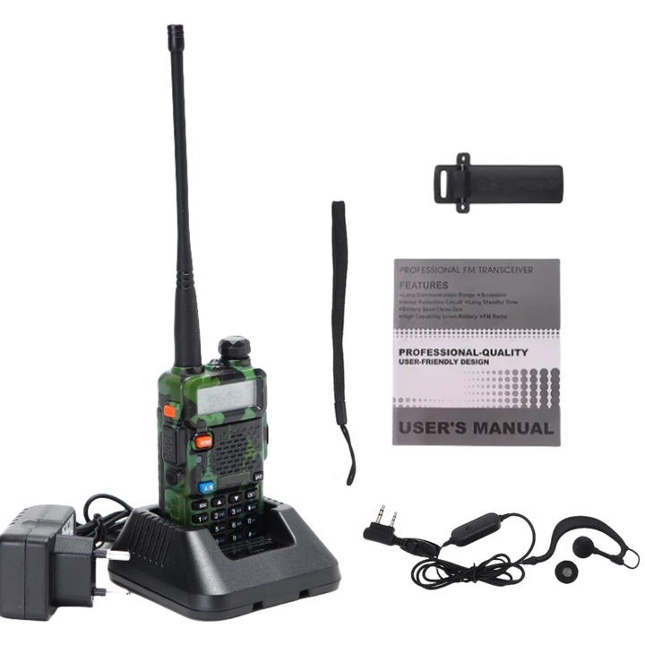Преносима радиостанция за излъчване, MOSMAOO, UV-5R, 5W, антена, със слушалки, зелен