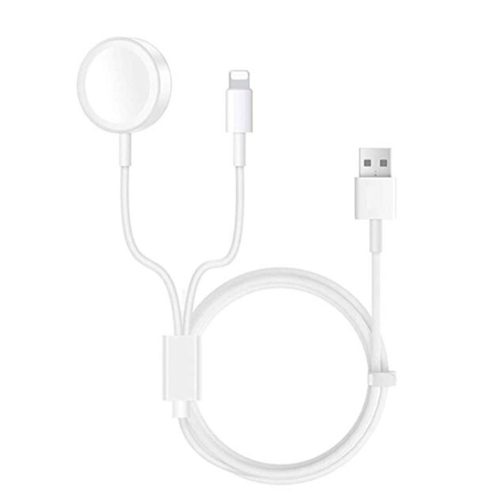 Бял кабел за зареждане, 1,2 метра, съвместим с Apple Watch 4/3/2/1 и iPhone XR/XS/XS Max/X/8/8Plus/7/7Plus/6/6Plus/5/5SE/5S, оборудван с USB и Lightning конектори