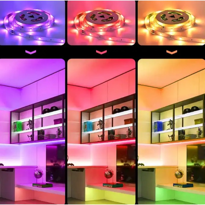 Banda Led ZANOVO ®, Interior/Exterior, Gen Furtun, SMD, Decorativ, Multicolor, Lungime10 Metri, 8 Moduri, Cablu Alimentator Inclus