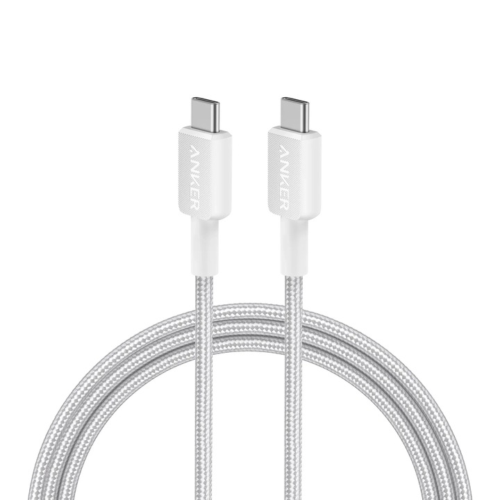 Кабел за захранване и данни Anker, USB Type-C (T) към USB Type-C (T), 0,9 m скорост на трансфер 480 Mbps, 60 W, Найлонова обвивка, Плетен, Бял, "A81F5G21"
