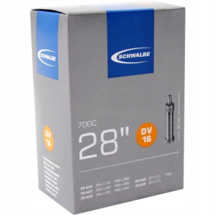Camera roata Schwalbe DV16, 700x28/32C, 27x1-1/4 DV, 40mm, Negru