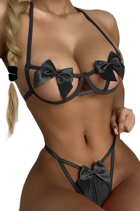 Комплект секси еротично бельо от 2 части, провокативен, с поддържащ сутиен, прашки и апликирани панделки, стил подарък, Черен