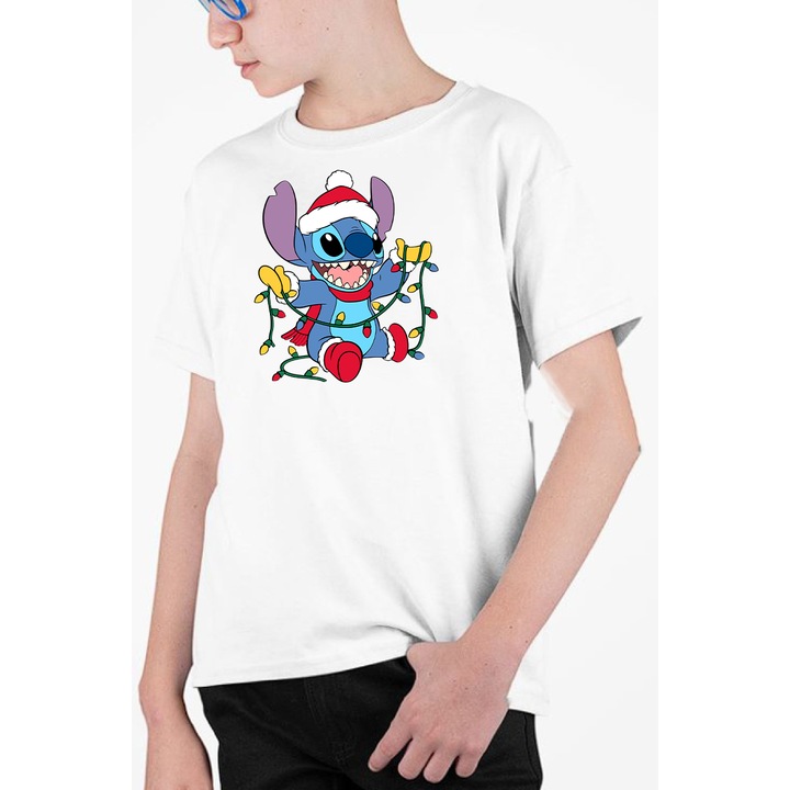 Tricou personalizat pentru copii cu imprimeu, Lilo si Stitch - Editie de Craciun model 11, Bumbac, Alb, 140-152 cm