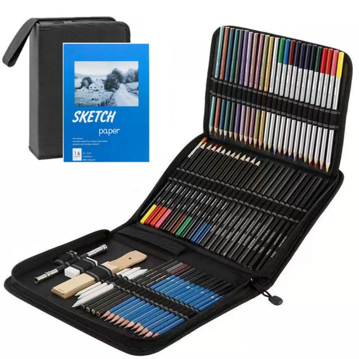 Set profesional de creioane colorate cu accesorii pentru desen si schitare, 73 piese, Multicolor