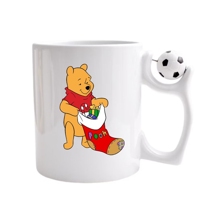 Cana personalizata cu imprimeu, Winnie - Editie de Craciun model 25, Ceramica, 330 ml, Maner minge fotbal