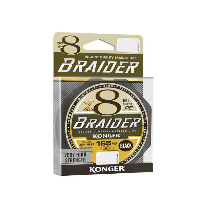 Fir textil pescuit Konger Braider X8 culoarea neagra, 150m, 0.20mm, rezistenta 25.3kg pentru monturi crap, method-feeder sau spinning