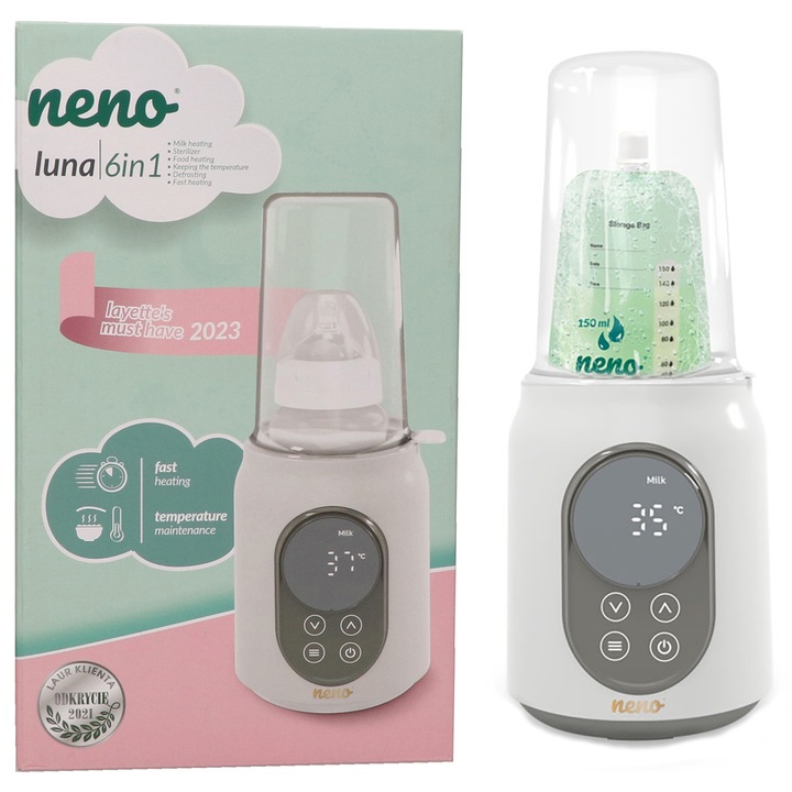 Luna 6 az 1-ben palack sterilizáló és melegítő, Neno, Leolvasztás funkció, LCD érintőképernyő, Fehér / Szürke
