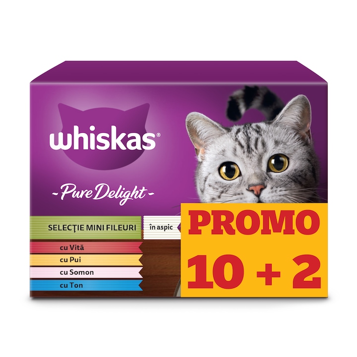 Мокра храна за котки Whiskas Pure Delight, Месна селекция в заливка, Телешко, Пилешко, Сьомга и Риба тон, (10 + 2) x 85 гр
