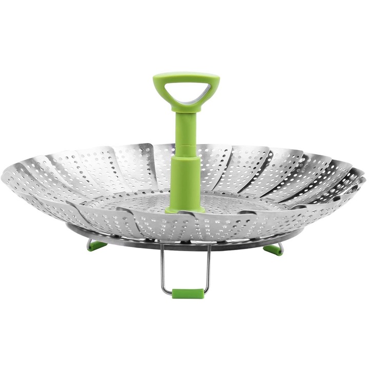 Цедка за зеленчуци на пара, Vaxiuja, Неръждаема стомана, 18 x 28 см, Зелено/Сребристо