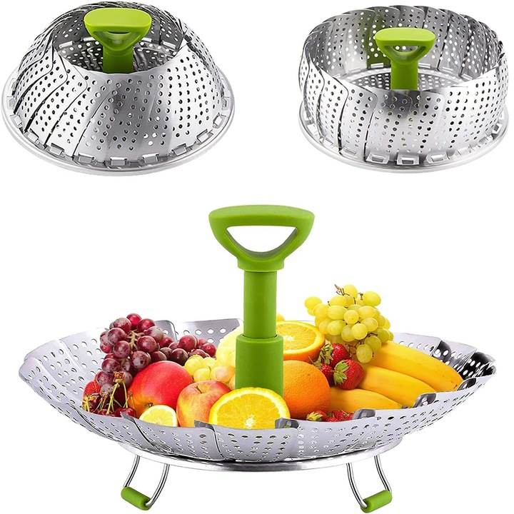 Sita de gatit cu abur pentru legume, Otel inoxidabil, 18 x 28 cm, Verde/Argintiu