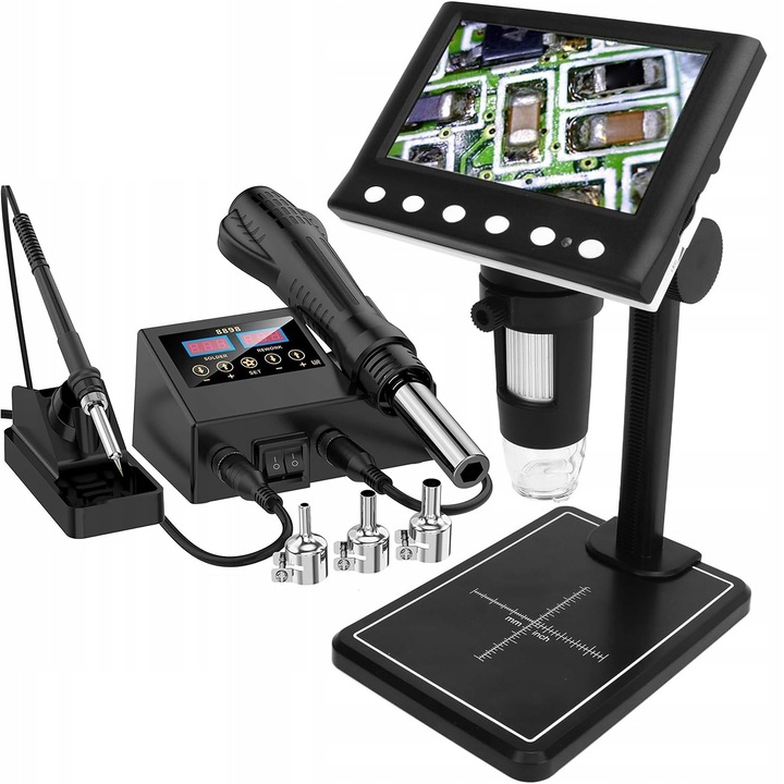 Комплект дигитален микроскоп и станция за запояване, Rosfix, 4.3", ABS, 1000X, Черен