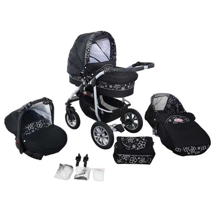 Бебешка количка, Краснал, Памук/Стомана, Противоударна, Черна