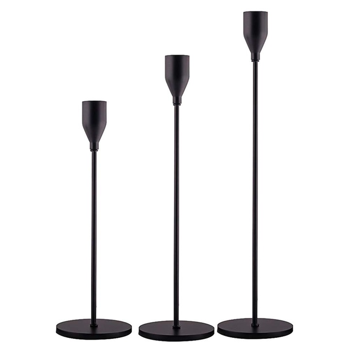 Set de 3 suporturi pentru lumanari, Overtang, Metal, Negru