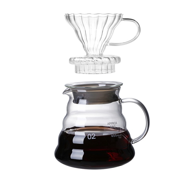 Set oala de cafea, SIHOiSi, Sticla, 600ML, Transparent