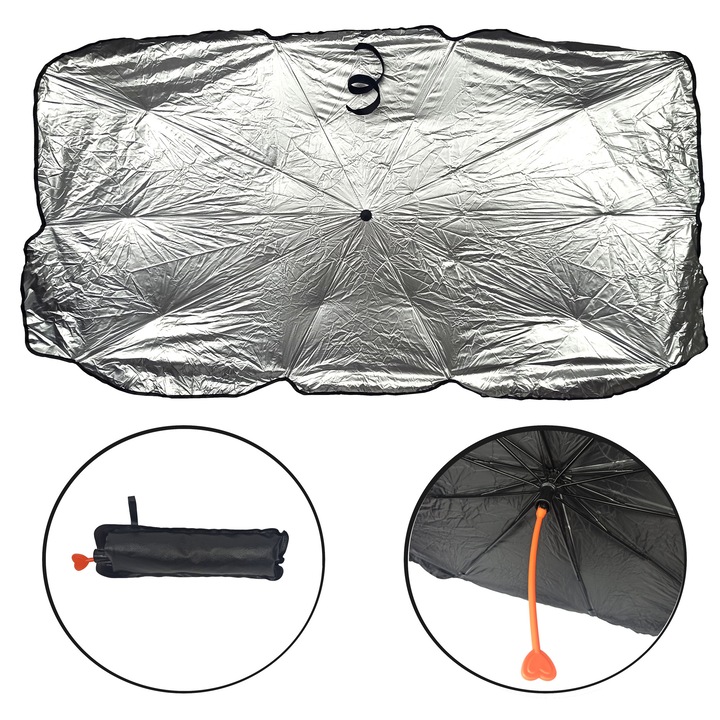 Parasolar retractabil auto tip umbrela 135 x 73 cm, pliabil, husa depozitare, poliester premium 210T, protectie ridicata UV, Roll Fast, argintiu cu maner portocaliu