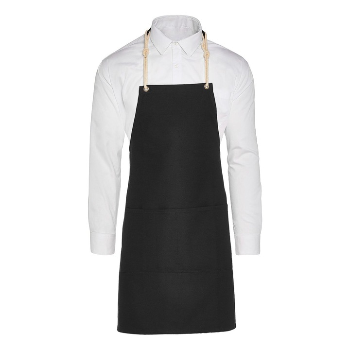 Sort de bucatarie Cord, Ronic, 100% bumbac, panza twill fina, buzunar frontal mare cu 2 compartimente, 80 x 70 cm, negru