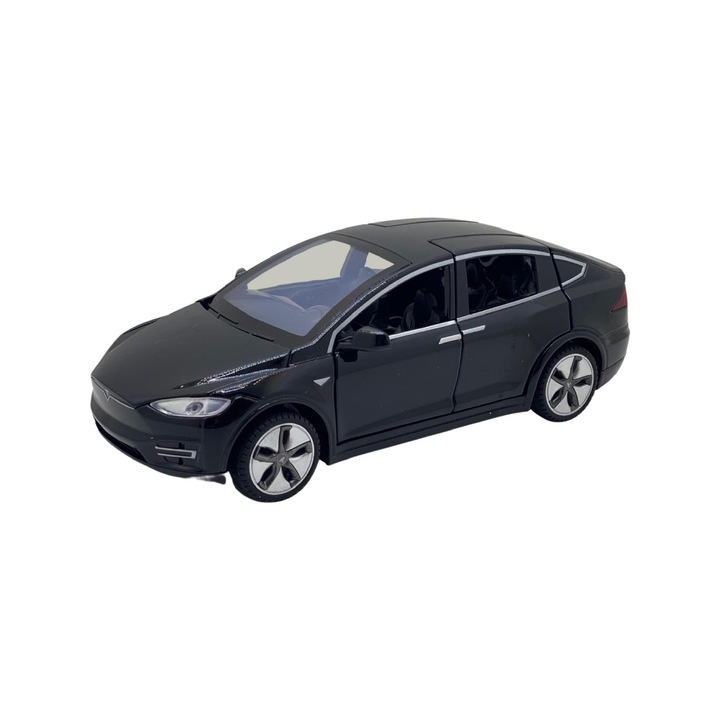 Tesla X SUV fém modell méretarány 1:28 hangokkal és fényekkel, nyitható ajtókkal, motorháztetővel, csomagtérajtóval, fekete, VisionXXI