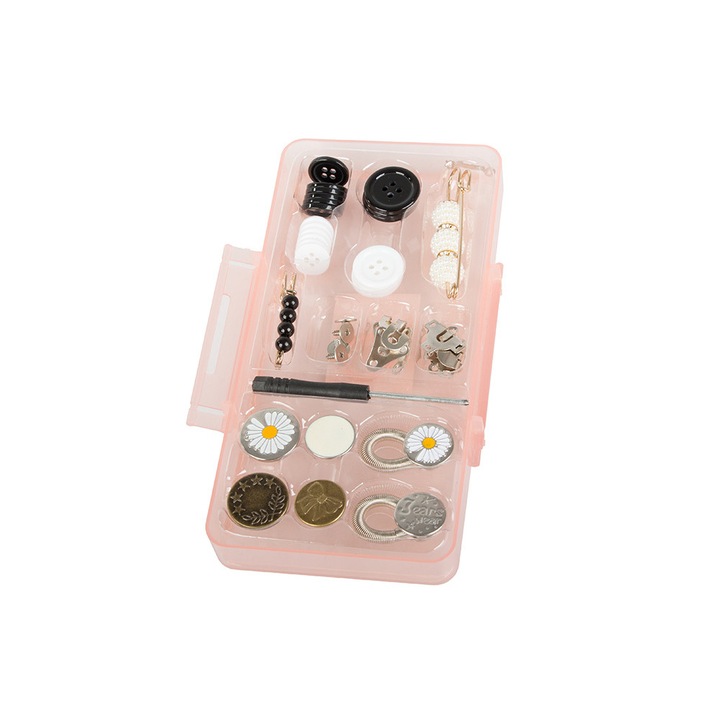 Kit de inlocuire nasturi, Zola®, 40 de piese, nasturi, ata, ac, surubeltita, ac de siguranta, plastic si metal, cutie de depozitare roz