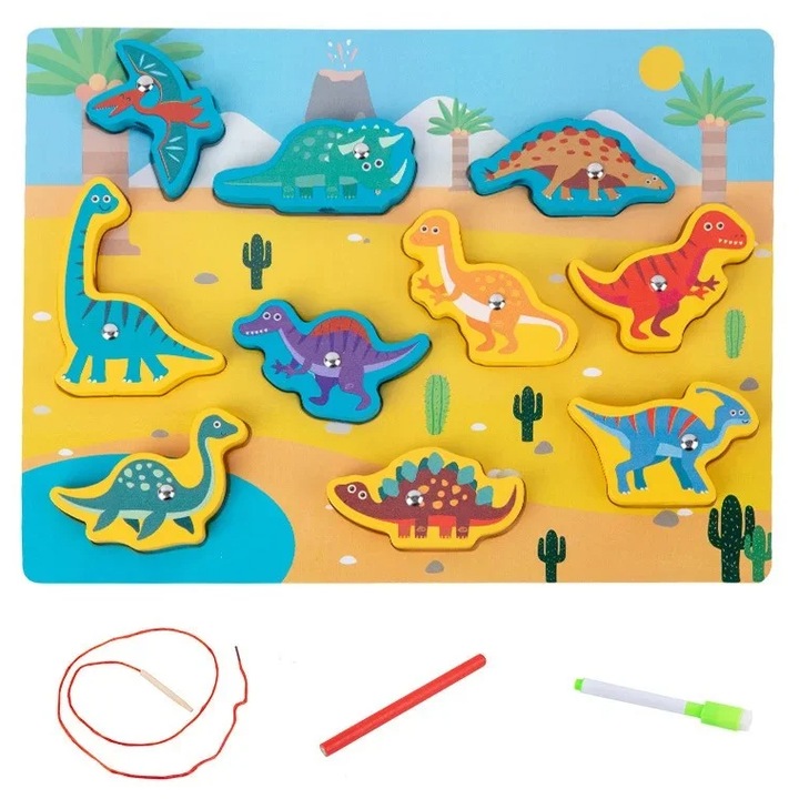 Joc de pescuit din lemn si magnet, snuruit, puzzle incastru si tabla de desenat, cu dinozauri, SARALMA®