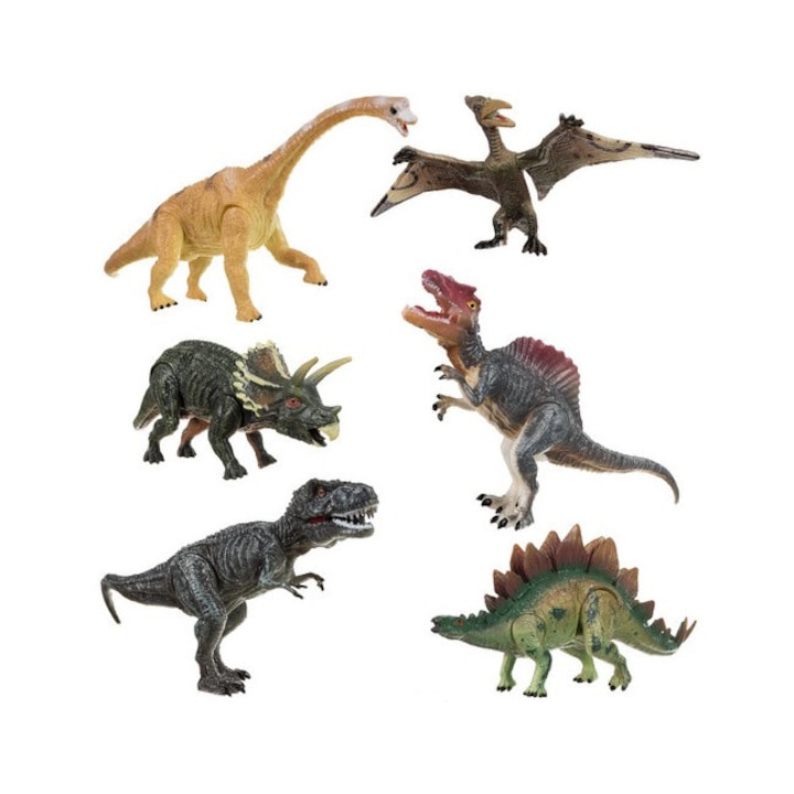 Set dinozauri de jucarie, Zola®, 6 bucati, membre articulate, T-rex gura articulata, diferite marimi si culori