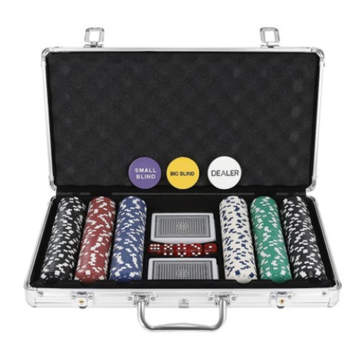 Set De Poker 300 Jetoane, CloudVisionMarket ®, Servieta Aluminiu, 5 Zaruri, 2 Pachete Carti De Joc