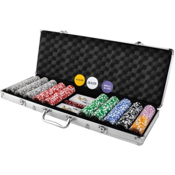 Set De Poker 500 Jetoane, CloudVisionMarket ®, Servieta Aluminiu, 5 Zaruri, 2 Pachete Carti De Joc
