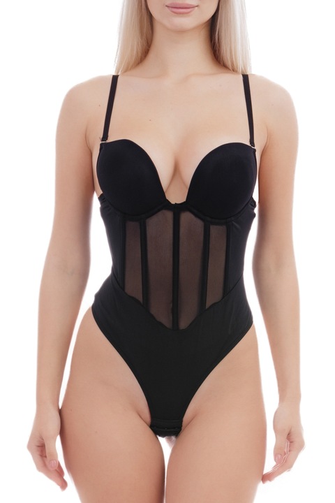 Body modelator cu sutien, modelare corporala, 4 tije flexibile pentru sustinere, cu deschidere in zona inghinala, zenifique, Negru